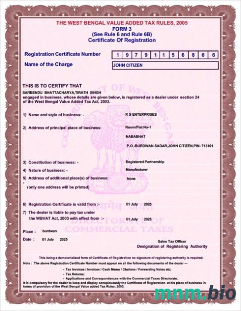 Certyfikat rejestracji VAT w Indiach i Bengalu Zachodnim w formacie Word i PDF